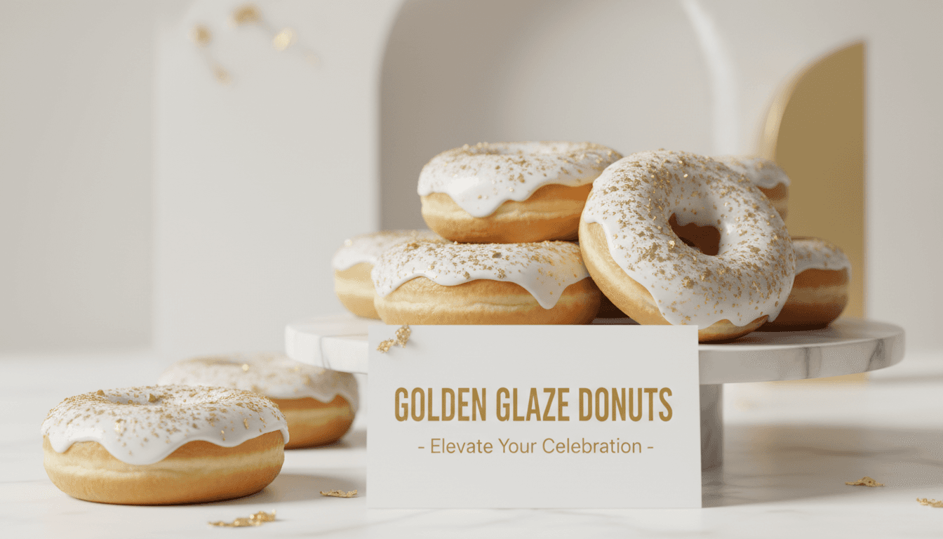 Box of ten golden donuts with glossy white icing and shimmering gold glitter dust.