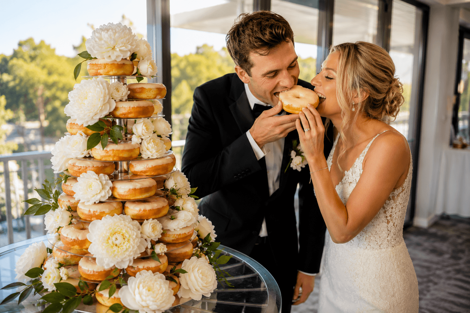 Newlyweds share a donut beside a tiered donut tower decorated with white flowers.